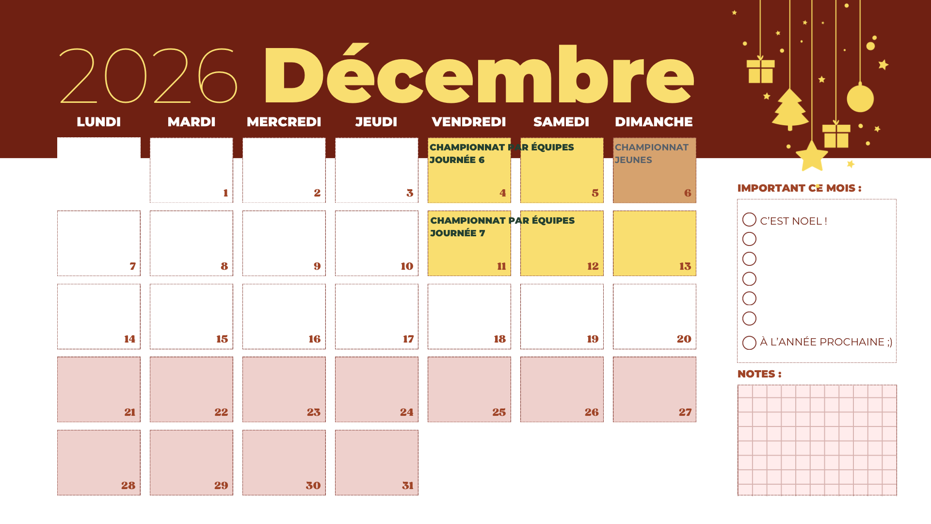 Calendrier mensuel 2026 complet moderne et illustre colore de cembre 2026