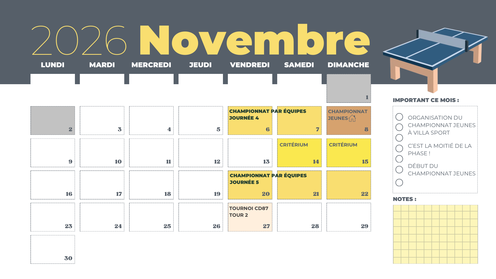 Calendrier mensuel 2026 complet moderne et illustre colore novembre 2026