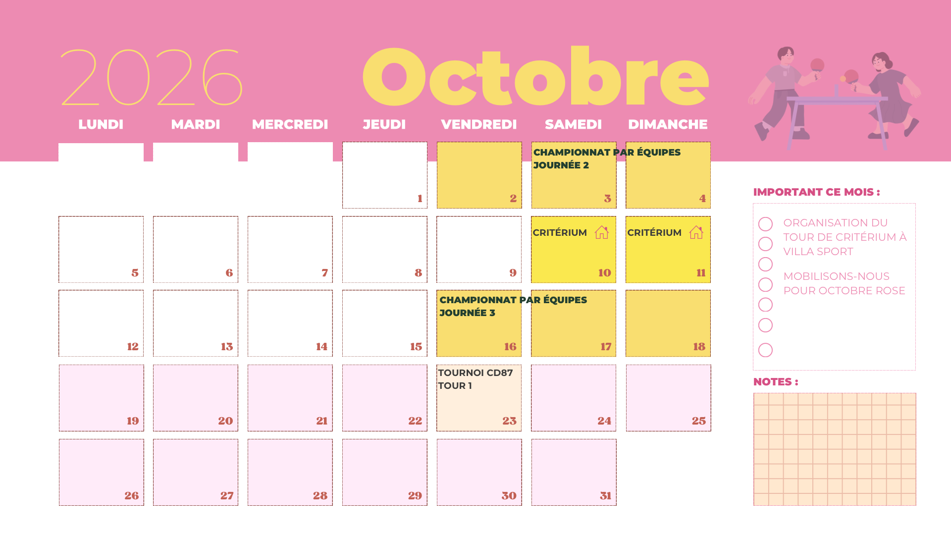 Calendrier mensuel 2026 complet moderne et illustre colore octobre 2026