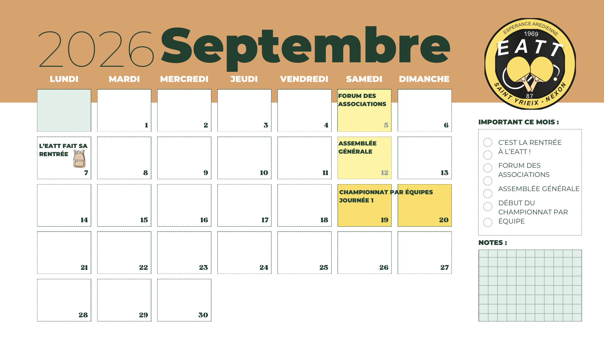 Calendrier mensuel 2026 complet moderne et illustre colore septembre 2026